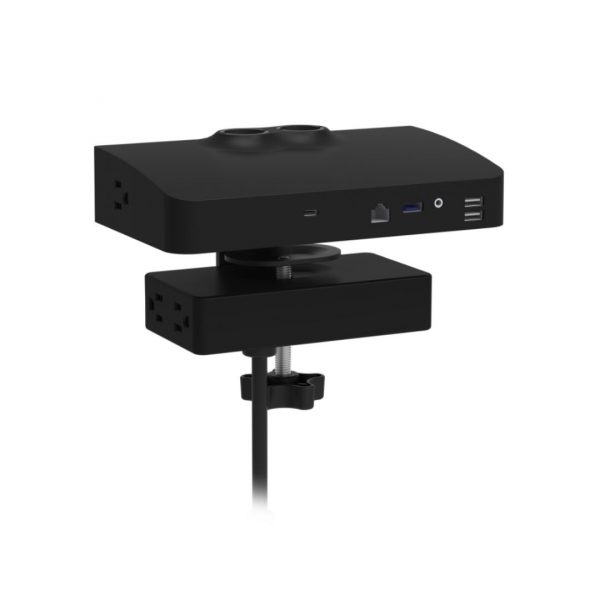 Dual Arm Centre X, a dual monitor arm and power product with additional under table power