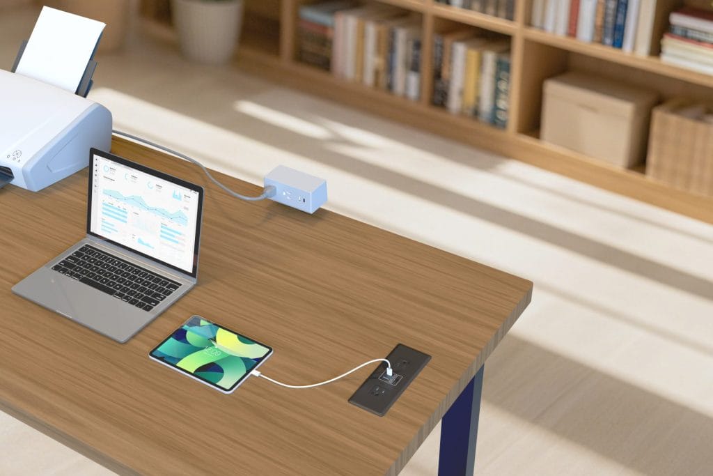 Dalta power dock, Domino power dock, printer, computer, tablet in office setting